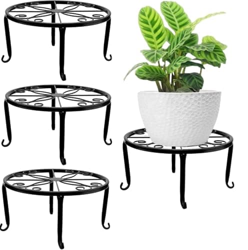 Image of LATERN 4Pcs Metal Plant Stands, 23CM Heavy Duty Flower Pot Stand Planter Holder Plant Container Support Rack Rustproof Iron Round Shelf for Home Outdoor Patio Garden Decor (Black)