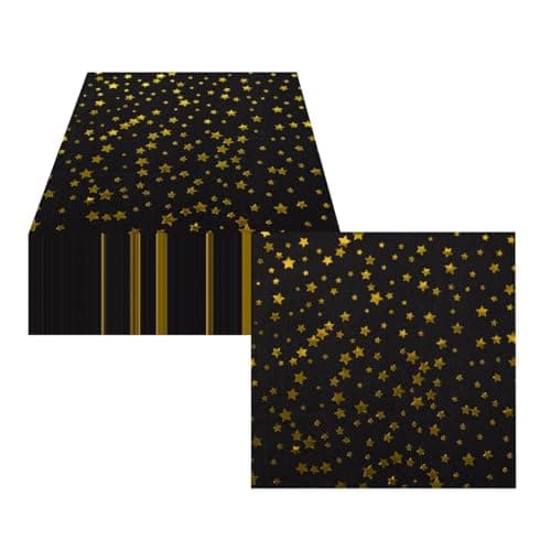 Image of CEILIWEN 100PCS Black and Gold Star Napkins, Party Serviettes for Birthday, Retirment Party, Cocktail, Luncheon, Table Decorations, 33x33cm