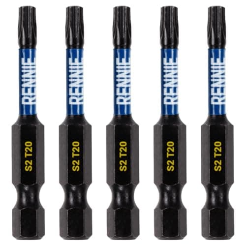 Image of 5 x Rennie Tools 50mm Long T20 TX20 Impact Screwdriver Driver Bits Set. Heavy Duty Magnetic Torx Screwdriver Bit Set. Black Oxide Coated Torx Impact Driver Bits. Torx Bit Set.