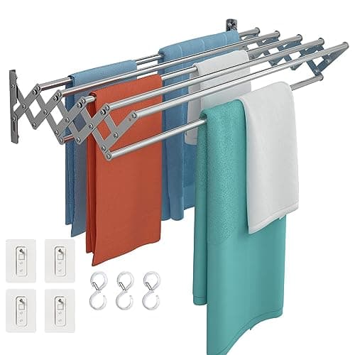 Image of Wuciray Wall Clothes Drying Towel Rack Wall Mounted Drying Rack Towel Rail Extendable Stainless Steel 80cm Rail Towels Bathroom Storage Holder Space Saving Clothes Airer Indoor or Outdoor