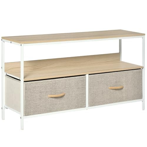 Image of HOMCOM TV Stand Cabinet up to 47-inch, TV Unit with 2 Foldable Linen Drawers, Open Shelf for Living Room, Bedroom, Entertainment Room, Maple Wood Effect
