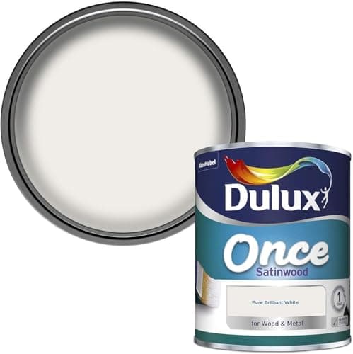 Image of Dulux Once Satinwood Paint 750ml Pure Brilliant White – One Coat Wood & Metal Paint | Interior Satin Finish Paint for Doors Skirting Boards Radiators & Trim