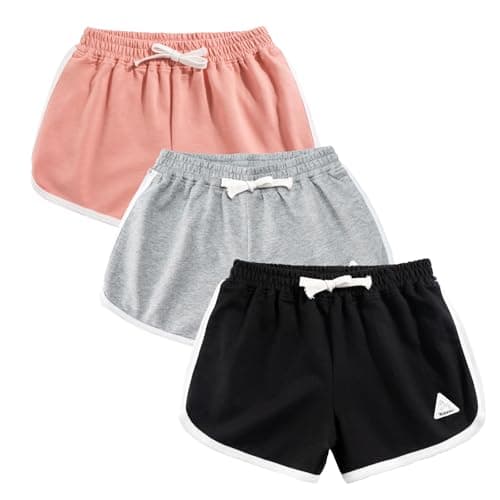 Image of Rolanko Girls Sports Shorts, Cotton Summer Contrast Binding Dolphin Short Pants, Kids Athletic Gym Wear for Running and Dancing, 3 Packs (Pink Gray Black, Size: 130, 5-6 Years)