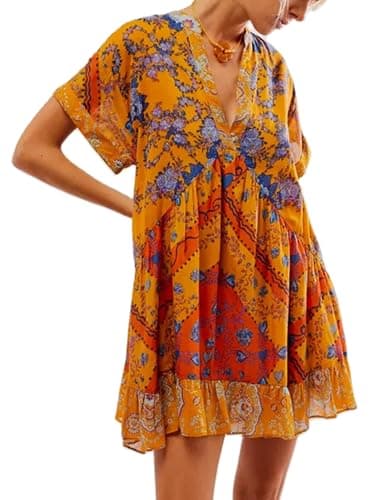 Image of Acrawnni Women Summer Bohemian Floral Mini Dress Boho Floral Print Short Sleeve V-Neck Flowy Dress Babydoll Short Beach Dress with Pockets (A-Fluorescein, S)