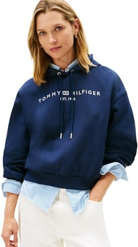 Image of Tommy Hilfiger Women's CORP LOGO MDRN HOODIE WW0WW47832 Pullover Hoodie, BLUE (Dark Night Navy), XXL