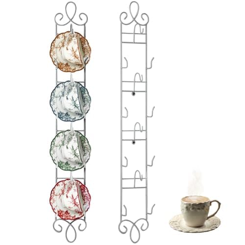 Image of Blulu 2 Pcs White Metal Tea Cup Display Rack Vertical Wall Mounted 4-Layer Tiered Shelf Organizer Storage for 4 Cups and Plates Home Decor Cafe/Bar Display 36 x 5 Inches