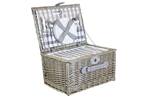 Image of 4 Person Grey Checked Fitted Wicker Willow Picnic Basket with Cooler Cutlery Plates