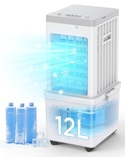 Image of Portable Air Conditioner 12L, 4-in-1 Evaporative Air Cooler, 35dB Quiet Cooling Fan, 3 Speeds & 120° Oscillation, Detachable Water Tank with 3 Ice Packs, Portable Rolling Wheels for Home