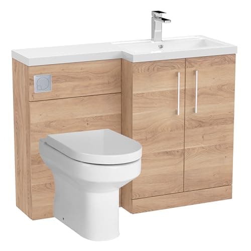 Image of Balterley Vanity Unit with Basin, WC Unit with Toilet Pan, Seat, Cistern, Floor Standing 2 Door Soft Close Vanity, Toilet Pan with Soft Close Seat, Right Hand Bathroom Sink Storage (Bleached Oak)
