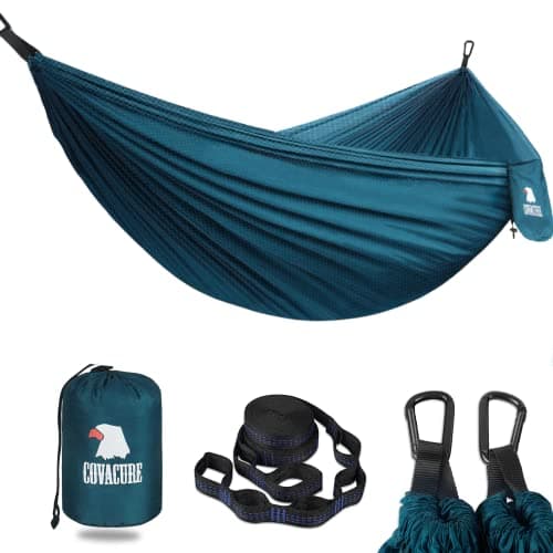 Image of COVACURE Camping Hammock - 270 * 150cm Ultralight 70-Denier Durable & Breathable Nylon Travel Hammocks with Two 10FT Tree Straps for Outdoor Camping Accessories (Blue)