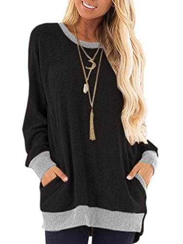 Image of iChunhua Women Tunic Tops Long Sleeve Autumn Plain Long Sweatshirt Jumper Black-S2 M