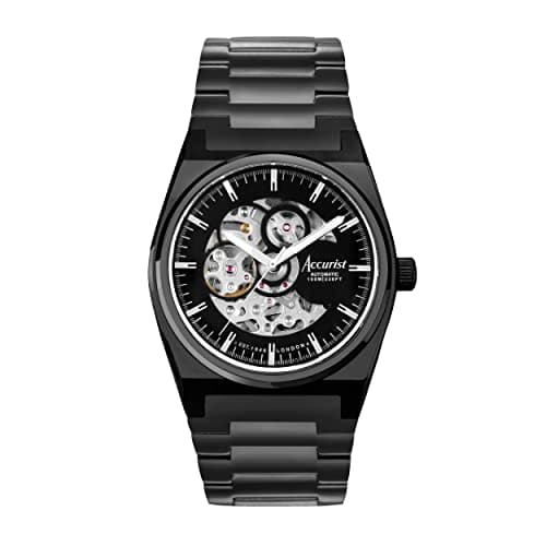 Image of Accurist Origin Skeleton Mens 41mm Automatic Watch in Black with Analogue Display, and Black Stainless Steel Strap 70023