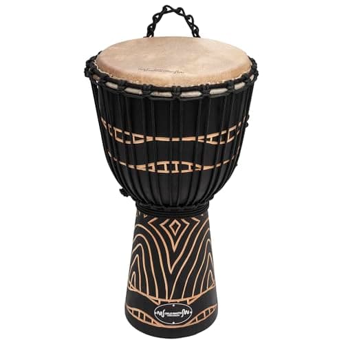 Image of World Rhythm 40cm (16”) Djembe Drum with 8" Goatskin Head - Rope Tuned Hand Carved African Style Drum, Swirl Black Finish for Performers, Drum Circles, Group Workshops