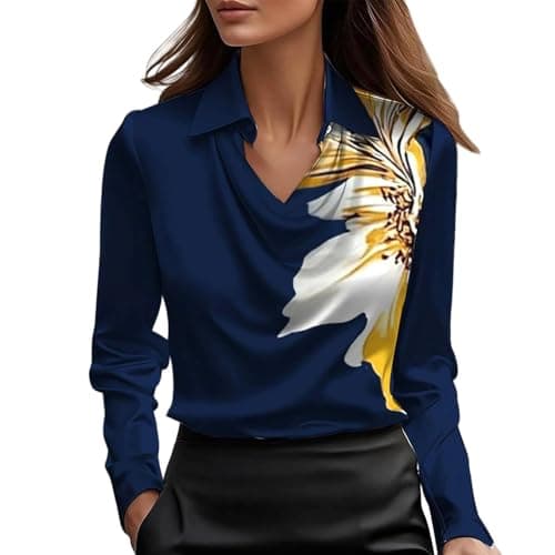 Image of Satin Blouses for Women Dressy Cowl Neck Collared Long Sleeve Tops Vintage Floral Print Shirt(Navy, L)