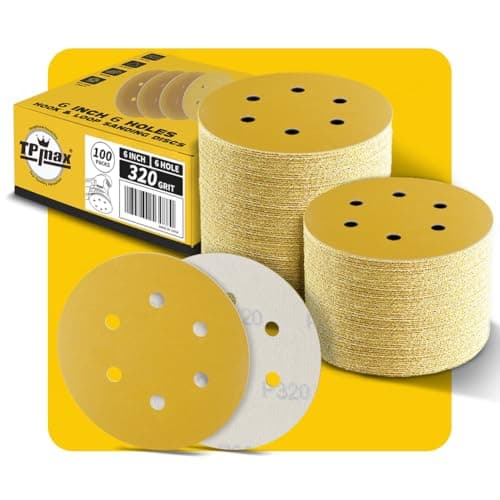Image of 100PCS 150mm 320 Grit 6 inch 6 Hole Sanding Discs Sandpaper - Premium Gold Round Hook and Loop for Random Orbital Sander - Ideal for Wood, Metal, Automotive