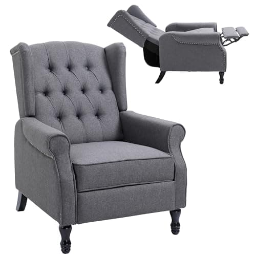 Image of HOMCOM Recliner Armchair, Vintage Reclining Chair with Nail Head Trim, Wingback Chair with Button Tufted Back and Footrest, for Living Room, Grey