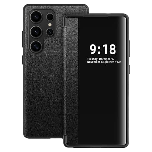 Image of Flip Case for Samsung Galaxy S23 Ultra Case S-View Window, Translucent Clear View Folio 360 Degree Protective Slim Phone Cases, PU & TPU Flip Cover for Samsung Galaxy S23 Ultra 5G (Black)