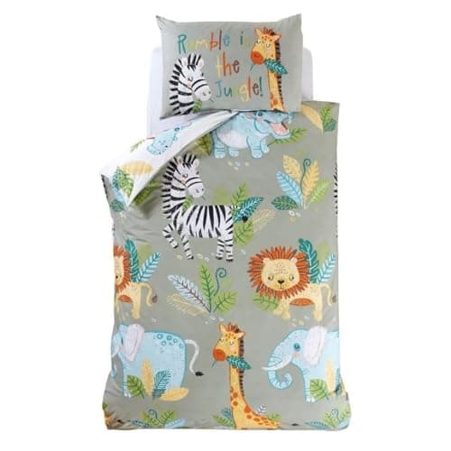 Image of Rapport Home - Toddler Duvet Cover & Pillowcase Set - Kids Reversible Bedding - Rumble in the Jungle Green Animal Print 120x150cm