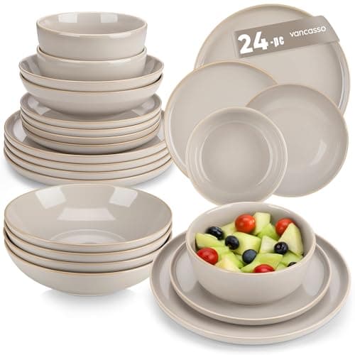 Image of vancasso Playa Dinner Sets for 6 People, 24 Pieces Stoneware Plates and Bowls Set, Scratch Resistant Dinnerware Sets for Everyday Dining, Dishwasher and Microwave Safe, Grey