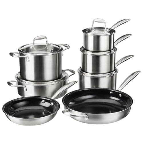 Image of Cooks Professional 7 Piece Tri-Ply Cookware Set | 3 x Saucepans, 2 x Frying Pans, Saute Pan & Stockpot | Compatible with All Hobs Inc Induction & Oven Safe