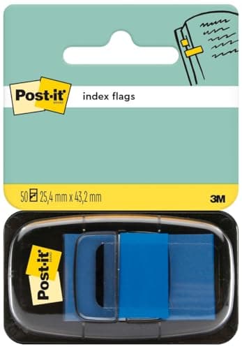 Image of Post-it Index Flags, Medium, Blue, 1 Dispenser 25.4 mm x 43.2 mm, 50 Flags - to Mark, Highlight or Color Code Important Information