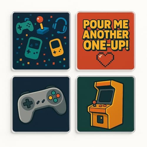 Image of Acrylic Coaster Set of 4 for Gamers - Cheeky Retro Design Gift Pack for Man Cave or Home Bar