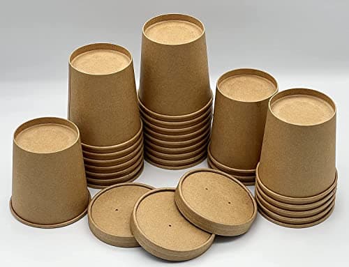 Image of HOT BARGAINS 100 Brown Kraft Disposable Soup Cups with Lids - 16oz Paper Soup Bowls for Ice Cream, Dessert and Deli Containers