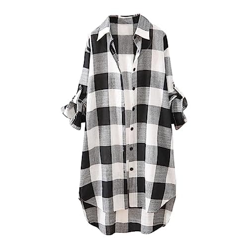 Image of Womens Long Shirts Loose Cotton Linen Plaid Blouses Plus Size Lapel Neck Long Sleeve Checkered Tops Summer Button Down Longline Blouses Oversized Shirt for Ladies UK Low-High Hem