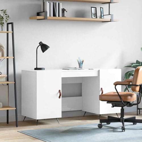 Image of SooIarix Desk High Gloss White 140 x 50 x 75 cm Wood Material with 4 Storage Compartments and Iron Feet for Study, PC Table, Gaming Desk, Furniture for Study