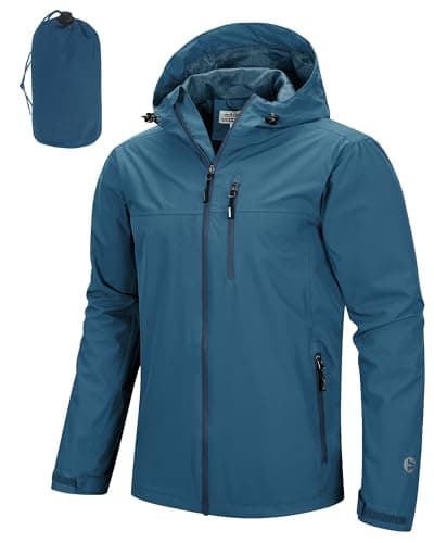 Image of Outdoor Ventures Men's Lightweight Waterproof Jacket Windproof Rain Coats Pack Away Hooded Jackets Windbreaker for Camping Fishing Running Steel Blue/Blue 2XL