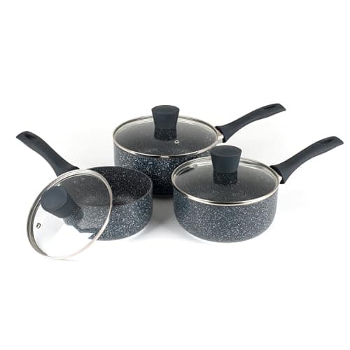 Image of Russell Hobbs RH00847EU7 Nightfall Stone 3-Piece Saucepan Set – 16/18/20 cm Non-Stick Cooking Pots, Includes Tempered Glass Lids, Induction Suitable, Forged Aluminium, PFOA-Free, Soft-Touch Handles