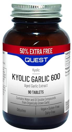 Image of Quest - 90x Kyolic Garlic Tablets. High Strength 600mg Odourless Aged Garlic Extract for Heart, Immune, Digestive & Cognitive Health. Daily Dietary Supplement. Vegan & Gluten-Free (Pack of 1)