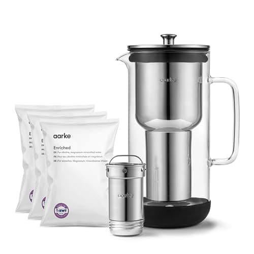 Image of Aarke Purifier, Water Filter Jug in Glass and Stainless Steel (2.4L/10 Cups) + 3-Pack Enriched Filter Refill Bags