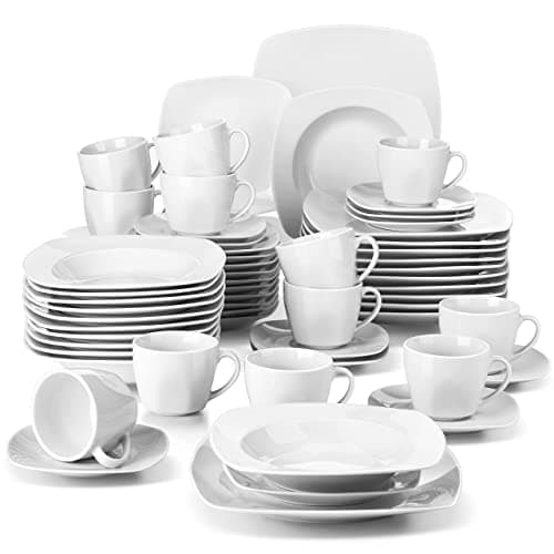 Image of MALACASA Julia 60-Piece Dinnerware Set for 12, Ivory White Porcelain Dishes with 12 Dinner Plates, Soup Plates, Dessert Plates, Cups & Saucers, Microwave Safe Crockery Set