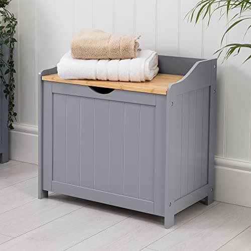 Image of CHRISTOW Laundry Bin For Bathroom, Wooden Grey & Bamboo-Effect Laundry Storage Box, Free Standing Towel Chest, Linen Cabinet, H56cm x W56cm x D36cm