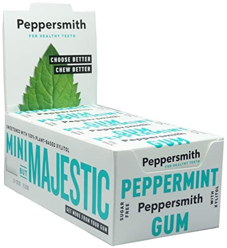 Image of Peppersmith - British Peppermint Gum - Vegan Friendly - 100% Xylitol Plant Based Sweetener - Fresh Breath - Sugar Free Gum - Benefits Oral Health - Pocket Packs - 12x15g