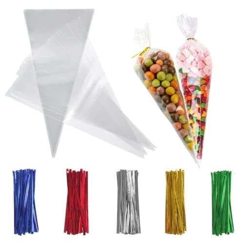 Image of Recon Up 13×25cm Crystal Clean sweet cone bags 100Pcs cellophane bags with Coloured twist ties, Triangle Transparent for Halloween Christmas Party Snacks, Chocolates, Candy