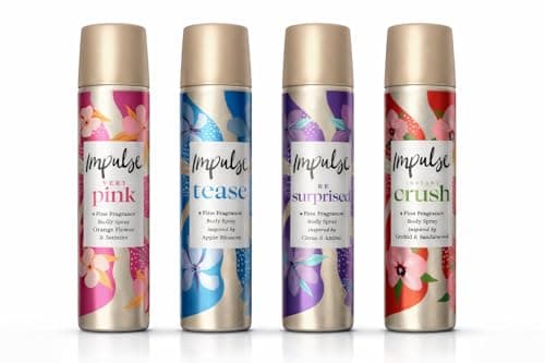 Image of Impulse Body Spray Gift Set for Women; 4 x 75ml Variety Bundle (Tease, Very Pink, Instant Crush, Be Surprised); Includes CMP Signature Stationery Card; Everyday Handbag & Travel Size Refill