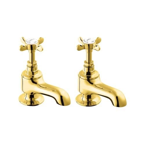 Image of Deva CR20/501 Coronation Style Bath Taps with Gold Finish Hot & Cold Traditional Edwardian Era Cross Handle Brass Tub Pillar Bathroom Filler Tap – 12 Year Warranty