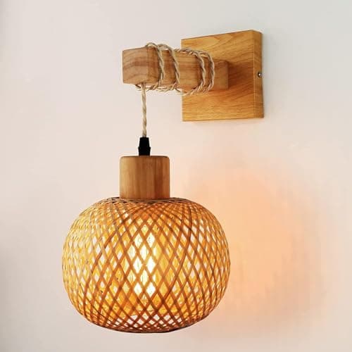 Image of Retro Indoor Wall Lamp, E27 Vintage Wooden Wall Light with Rattan Lampshade, Cage Wall Sconce Lighting for Living Room, Bedroom, Corridor, Dining Room, Max 60W (Without Light Bulb)