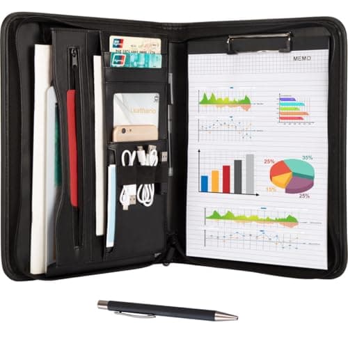 Image of Leathario Portfolio Folder A4, Conference Folder with Notepad, Vegan Leather Travel Document Holder with Pockets for Tablets Notepads Files, Document Organiser, Office Supplies