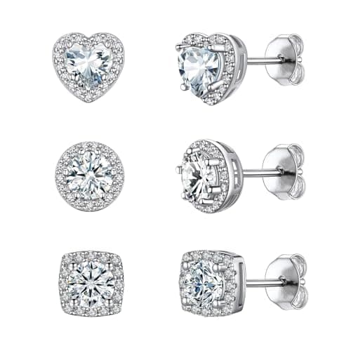 Image of sawyofu 925 Sterling Silver Plated Diamond Stud Earrings For Women Men 3 Pairs Hypoallergenic Cubic Zirconia Heart Square Round Stud Earrings Set Jewellery