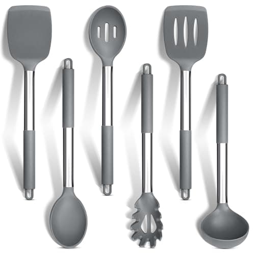 Image of HaWare Kitchen Utensils Set of 6, Silicone Cooking Utensils with Stainless Steel Handle, Heat Resistant Kitchen Tools for Non-Stick Cookware, Ladle Turner Spoon Pasta Server, Dishwasher Safe-Grey