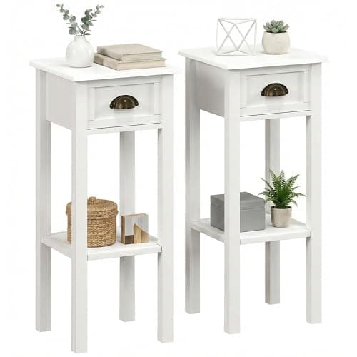Image of HOMCOM Narrow Bedside Tables with Drawer and Bottom Shelf, Slim Tall Telephone Side Table for Small Space Living Room, Modern Nightstand Set of 2, 30 x 30 x 75 cm, White
