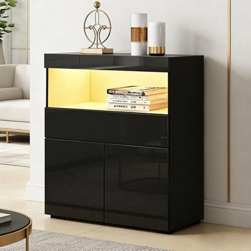 Image of Senvoziii Sideboard Cabinet, High Gloss Storage Cabinet Unit with 2 Doors 1 Drawer and Shelf for Living Room with LED Light Storage Cupboard for Dining Living Room Hallway, 80x35x90cm (Black)