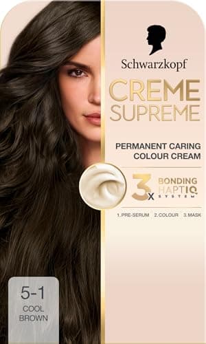 Image of Schwarzkopf Creme Supreme 5-1 Cool Brown, Permanent Hair Dye, Caring Hair Dye Colouration with 3-Step Bonding System Against Damage, 100% Grey Coverage