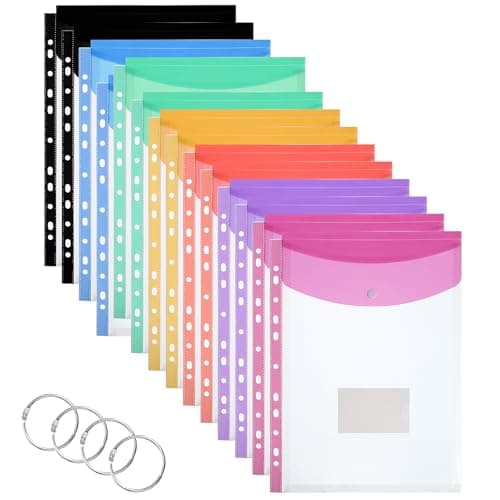 Image of Plastic Wallets A4 Punched Pockets, 14 Pack Expandable Folders Plastic Document Files with Button,Tab Card, and 4 Binders for School, Office, Home, Travel（7 Colors）
