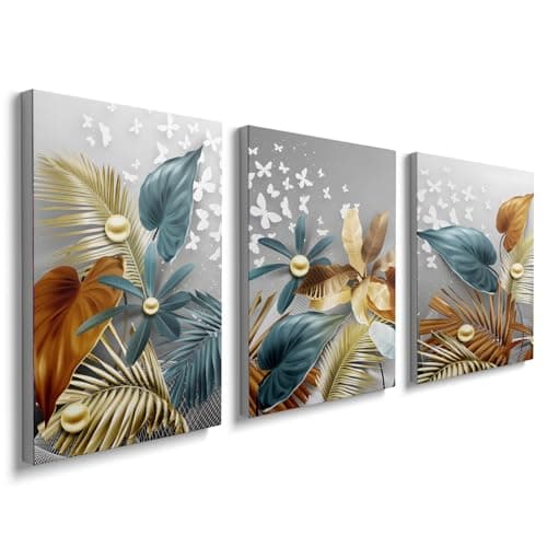 Image of 3 Panels Framed Canvas Wall Art Plants Blue Gold White Flower Pictures Printing Painting Poster Canvas Prints Wall Decor for Bedroom Living Room Bathroom Office Ready to Hang 30x40cmx3Pcs, YH1104