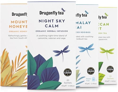 Image of Dragonfly Tea Welcome Tea Selection Box (4x20-80 Teabags) Tea Gift Set, Organic Tea Bags Mountain Honeybush, Cape Malay Chai, Night Sky Calm & Moroccan Mint Tea, Green Tea and Herbal Tea Selection
