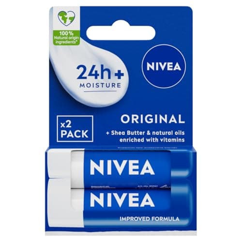 Image of NIVEA Original Care Duo Pack Lip Balm (2x 4.8g), Lip Moisturiser Deeply Hydrates for 24h+, 100% Natural Origin Ingredients, Shea Butter, and Vitamins, Lip Care